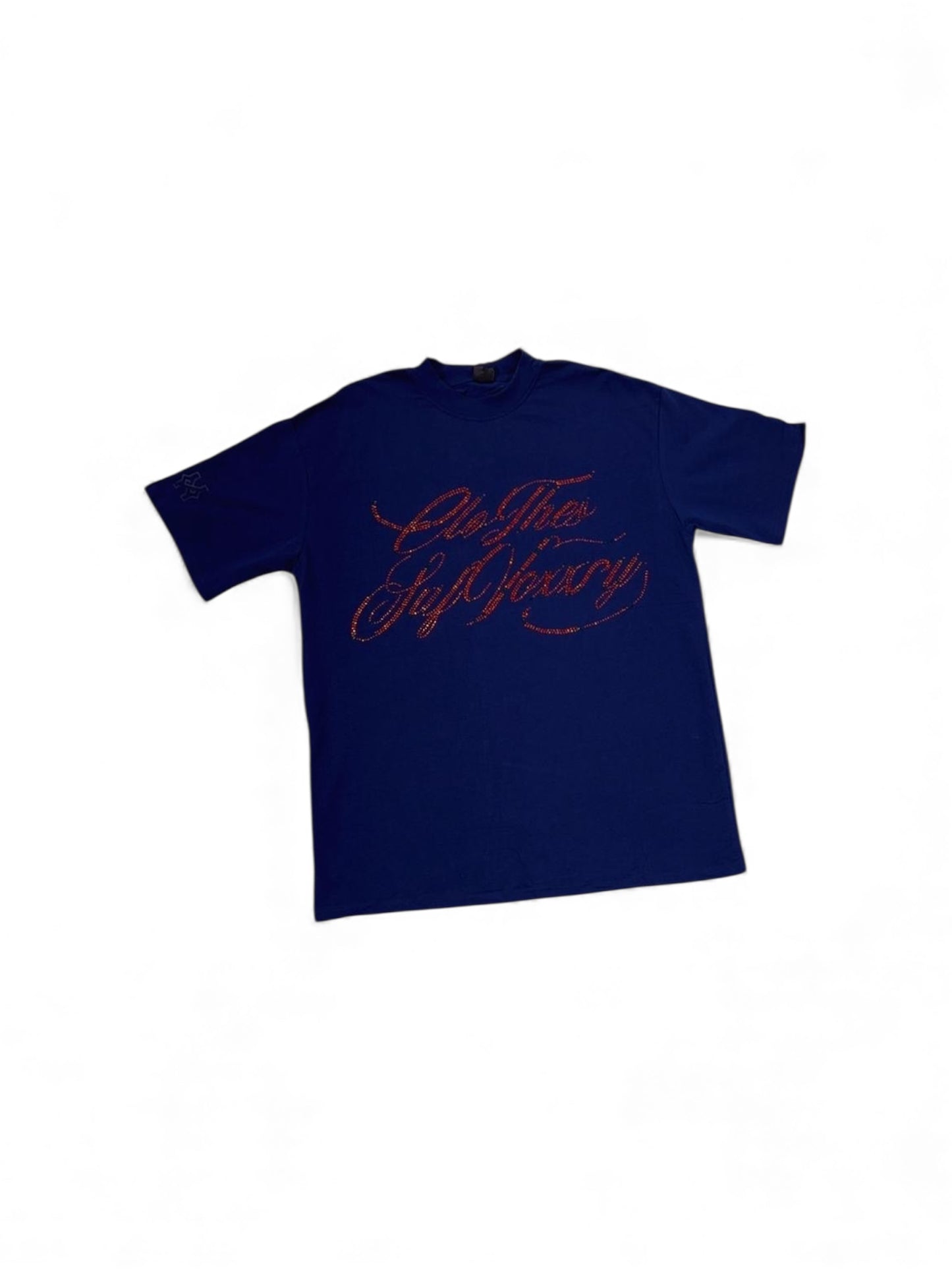T-Shirt Azul Marino con Diseño Script en Cristales – Estilo Premium