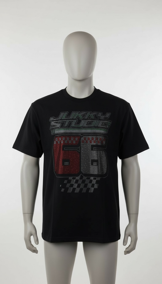 T-Shirt Negra “Racing 66” con Cristales – Estilo Street Motorsport