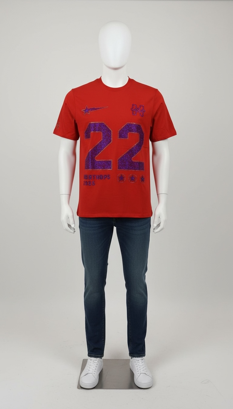 T-Shirt Roja “22” con Detalles en Cristales Morados