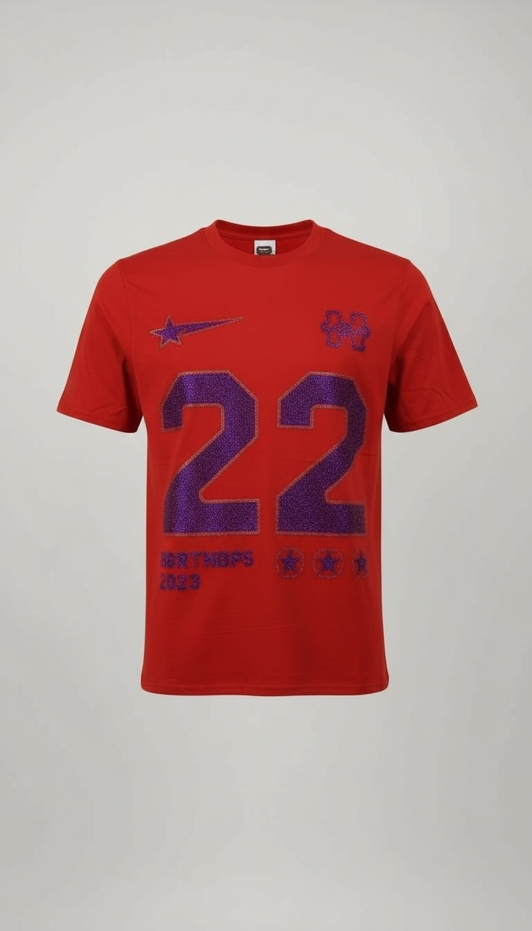 T-Shirt Roja “22” con Detalles en Cristales Morados