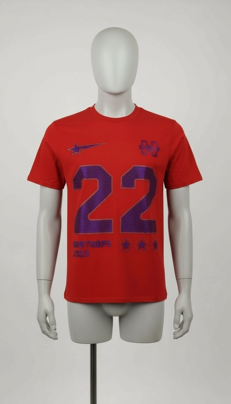 T-Shirt Roja “22” con Detalles en Cristales Morados