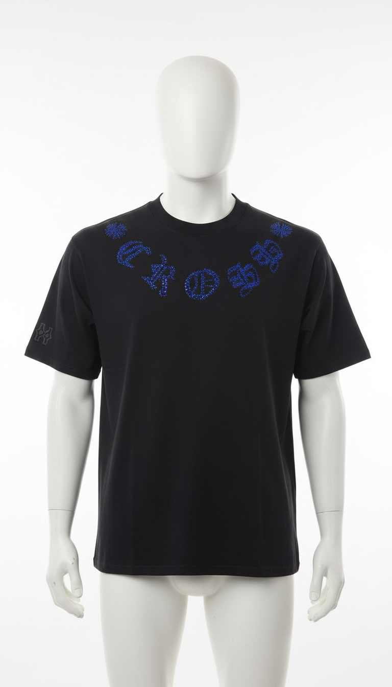 T-Shirt Negra Premium con Diseño Gótico en Cristales Azules