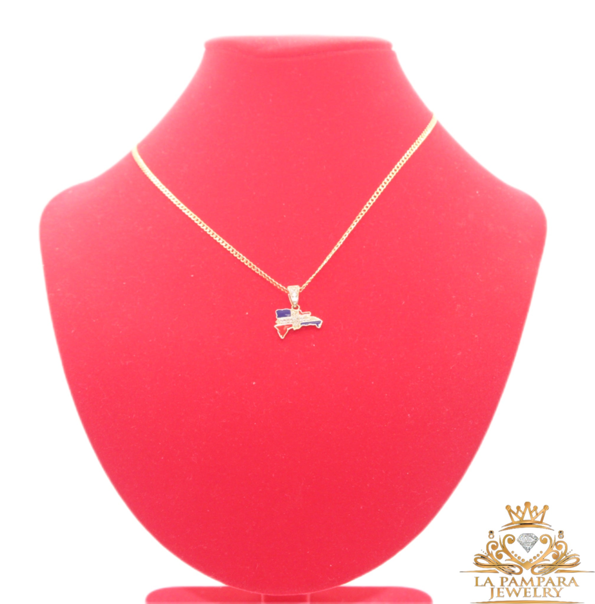 Small cuban link chain Dominican map flag colors 14k