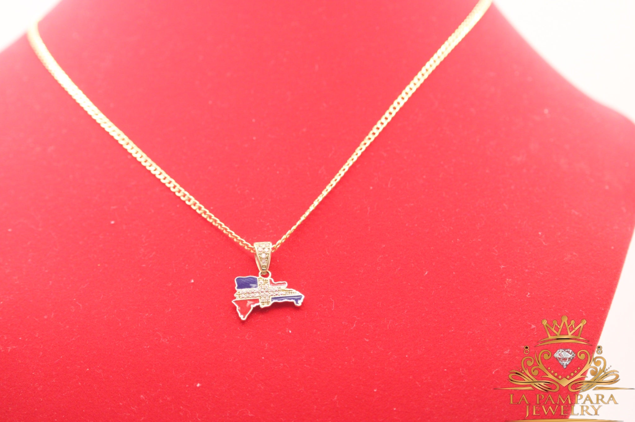 Small cuban link chain Dominican map flag colors 14k