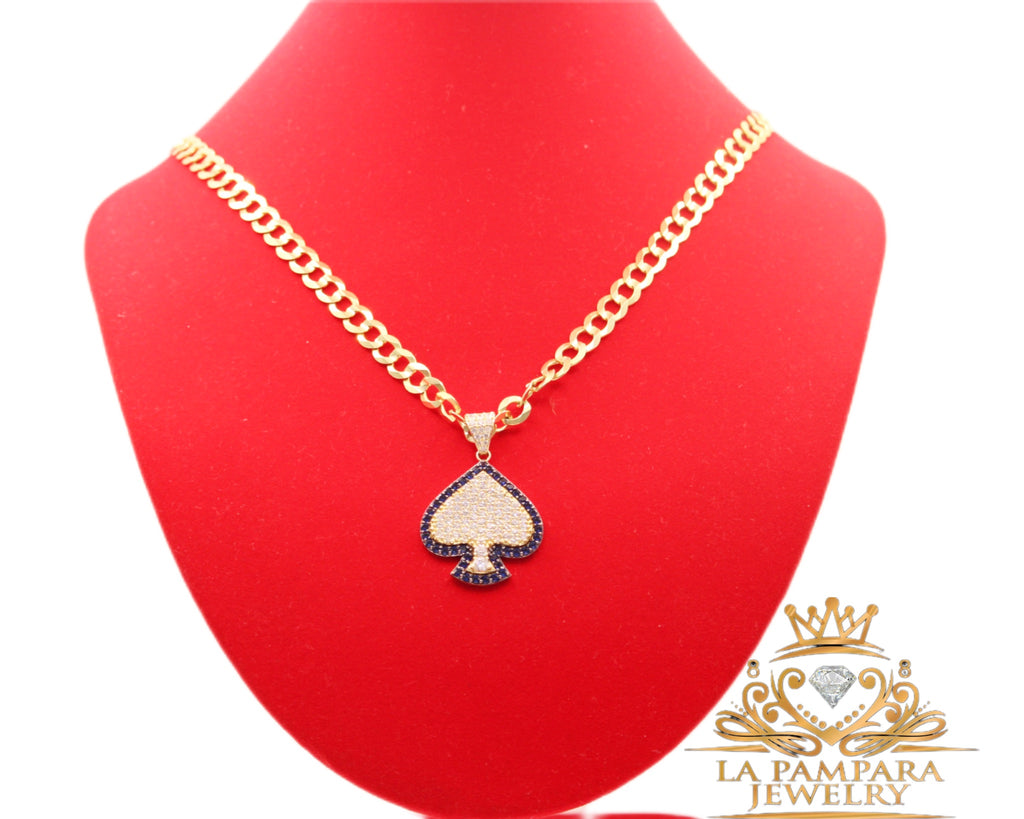 Cuban chain blue ice card pendant 14k gold